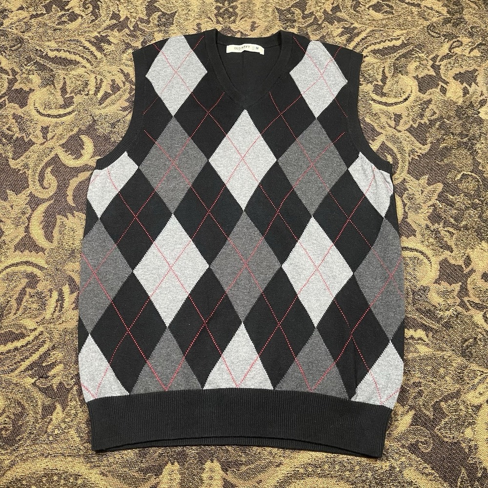 Vtg Old Navy V Neck Sleeveless Sweater Vest Black Argyle Men's Size Medium